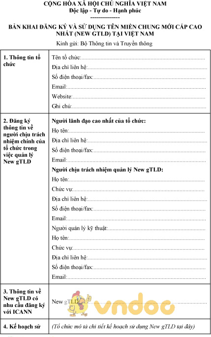Mẫu bản khai đăng ký và sử dụng tên miền chung mới cấp cao nhất tại Việt Nam