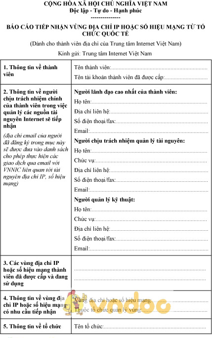 Mẫu báo cáo tiếp nhận vùng địa chỉ IP hoặc số hiệu mạng từ tổ chức quốc tế dành cho thành viên địa chỉ