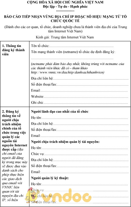 Mẫu báo cáo tiếp nhận vùng địa chỉ IP hoặc số hiệu mạng từ tổ chức quốc tế dành cho tổ chức