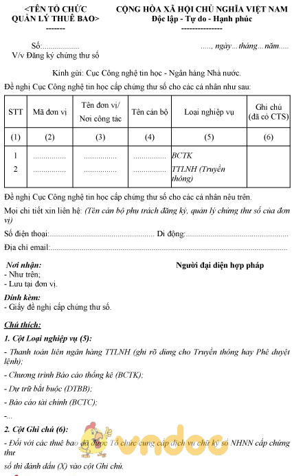 Mẫu công văn đề nghị đăng ký chứng thư số