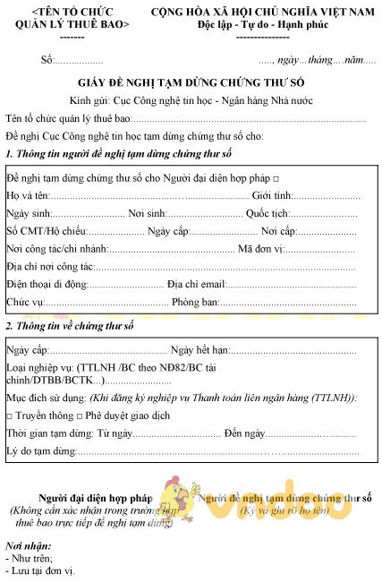 Mẫu giấy đề nghị tạm dừng chứng thư số