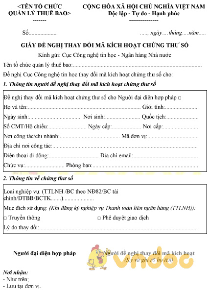 Mẫu giấy đề nghị thay đổi mã kích hoạt chứng thư số