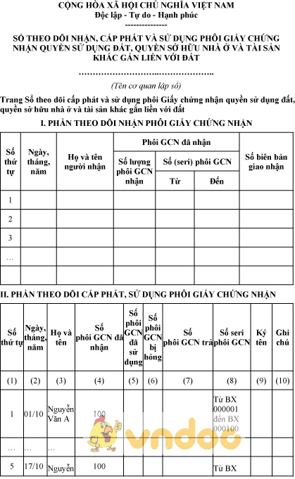 Mẫu số 02/ĐK-GCN: Sổ theo dõi nhận, cấp phát và sử dụng phôi GCN quyền sử dụng đất