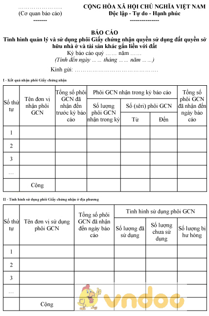Mẫu số 03/ĐK-GCN: Báo cáo tình hình tiếp nhận, sử dụng phôi GCN quyền sử dụng đất