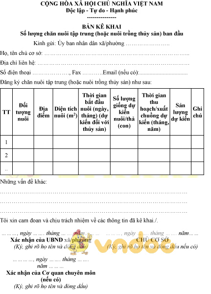 Mẫu bản kê khai số lượng chăn nuôi tập trung ban đầu