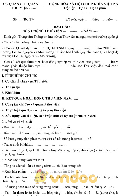 Mẫu báo cáo hoạt động thư viện