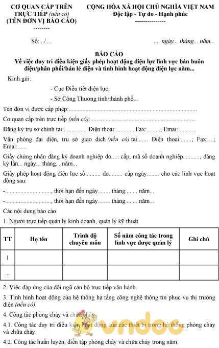 Mẫu báo cáo duy trì các điều kiện giấy phép hoạt động điện lực lĩnh vực bán điện