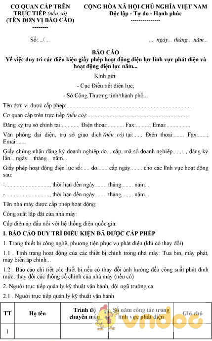 Mẫu báo cáo duy trì các điều kiện giấy phép hoạt động điện lực lĩnh vực phát điện