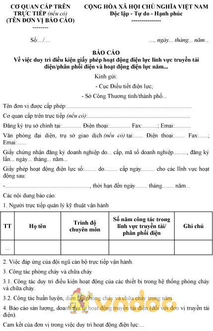 Mẫu báo cáo duy trì điều kiện giấy phép hoạt động điện lực lĩnh vực truyền tải điện