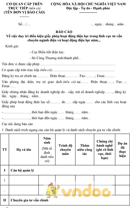 Mẫu báo cáo duy trì điều kiện giấy phép hoạt động điện lực lĩnh vực tư vấn chuyên ngành