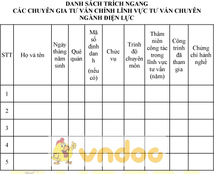 Mẫu danh sách trích ngang các chuyên gia tư vấn chính lĩnh vực tư vấn chuyên ngành điện lực