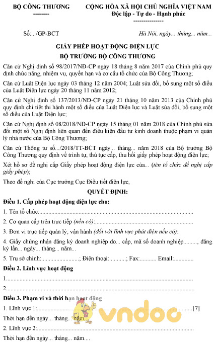 Mẫu giấy phép hoạt động điện lực do Bộ Công thương cấp