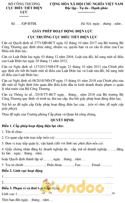 Mẫu giấy phép hoạt động điện lực do Cục Điều tiết điện lực cấp