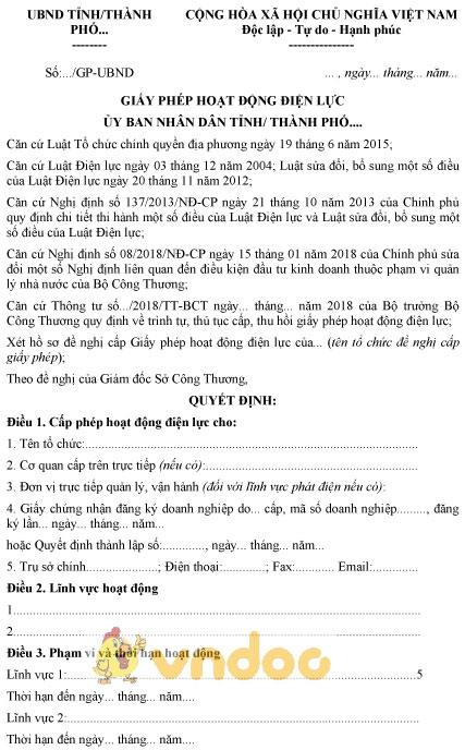 Mẫu giấy phép hoạt động điện lực do UBND tỉnh, thành phố trực thuộc Trung ương cấp