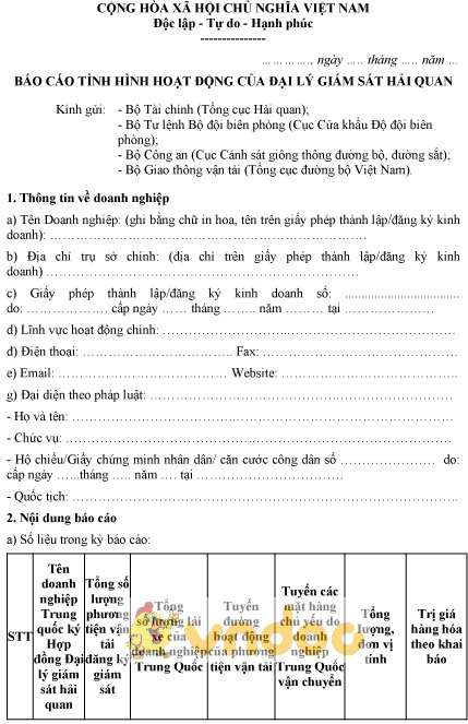 Mẫu báo cáo tình hình hoạt động của Đại lý giám sát hải quan