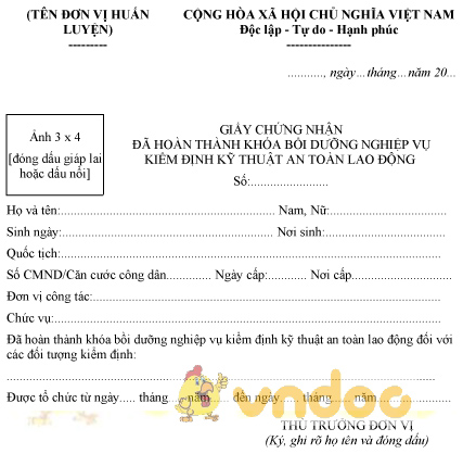Mẫu GCN đã hoàn thành khóa bồi dưỡng nghiệp vụ kiểm định kỹ thuật an toàn lao động