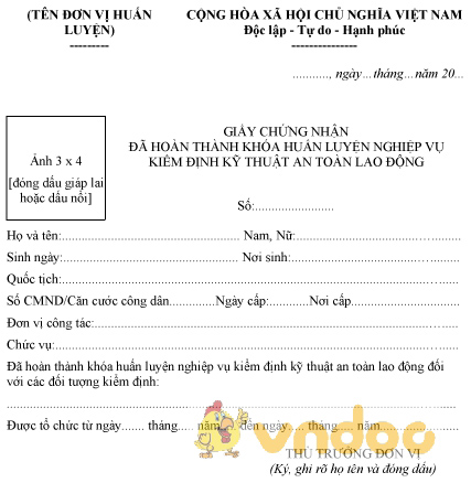 Mẫu GCN đã hoàn thành khóa huấn luyện nghiệp vụ kiểm định kỹ thuật an toàn lao động