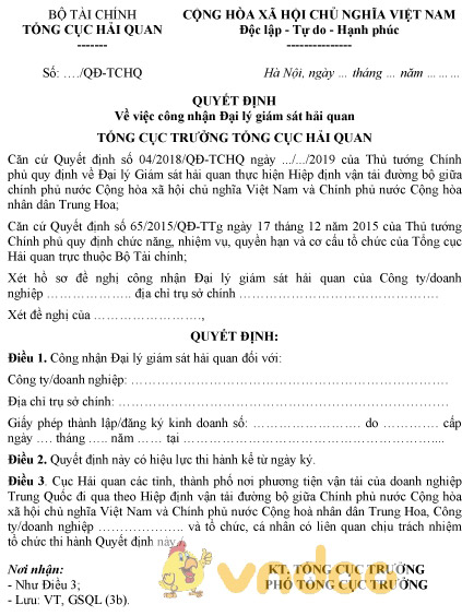Mẫu quyết định về việc công nhận Đại lý giám sát hải quan