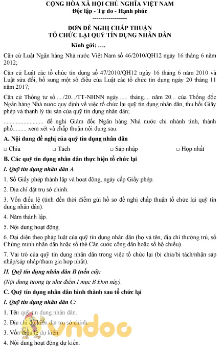 Mẫu đơn đề nghị chấp thuận tổ chức lại quỹ tín dụng nhân dân