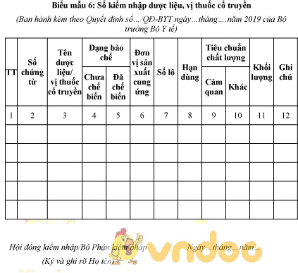 Mẫu sổ kiểm nhập dược liệu, vị thuốc cổ truyền