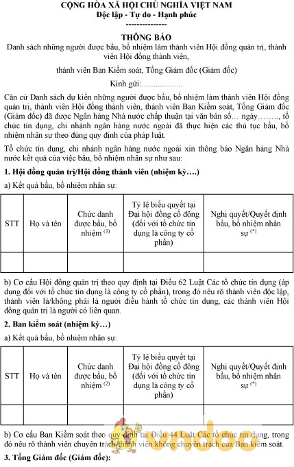 Mẫu thông báo danh sách người được bầu, bổ nhiệm thành viên hội đồng quản trị