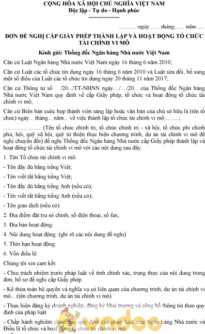 Mẫu đơn đề nghị cấp giấy phép thành lập, hoạt động tổ chức tài chính vi mô chuyển đổi dự án tài chính vi mô
