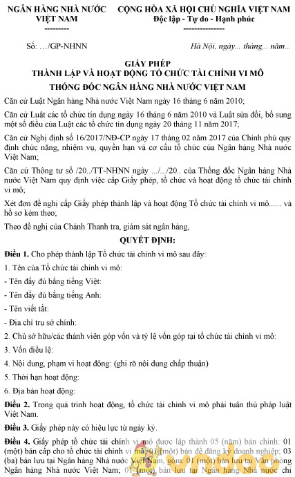 Mẫu giấy phép thành lập và hoạt động tổ chức tài chính vi mô
