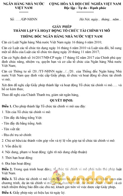 Mẫu giấy phép thành lập và hoạt động tổ chức tài chính vi mô, chuyển đổi dự án tài chính vi mô