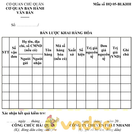 Mẫu bản lược khai hàng hóa