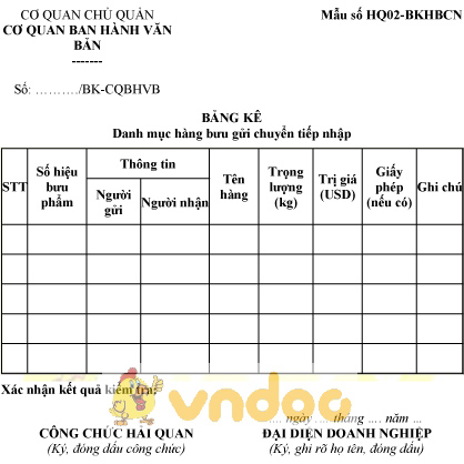 Mẫu bảng kê danh mục hàng bưu gửi chuyển tiếp nhập