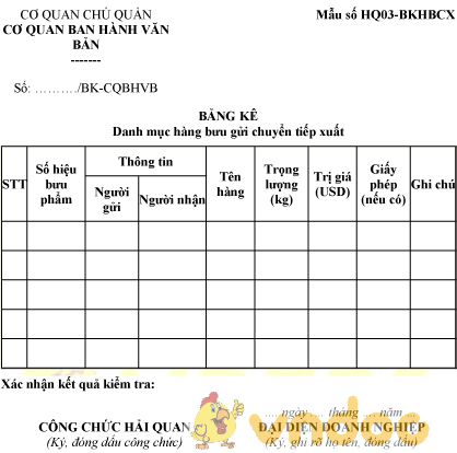 Mẫu bảng kê danh mục hàng bưu gửi chuyển tiếp xuất