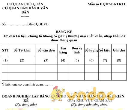 Mẫu bảng kê tờ khai tài liệu, chứng từ không có giá trị thương mại xuất nhập khẩu đã được thông quan