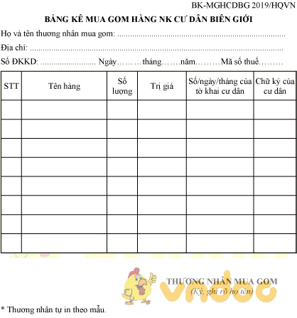 Mẫu bảng kê mua gom hàng nhập khẩu cư dân biên giới