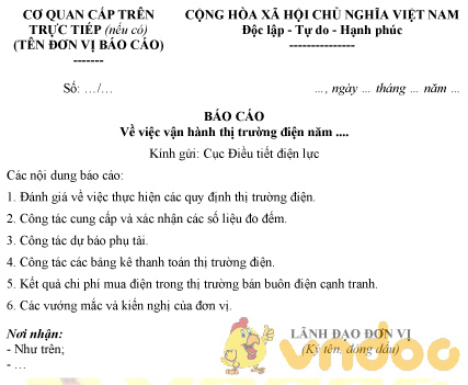 Mẫu báo cáo vận hành thị trường điện năm của Đơn vị mua điện