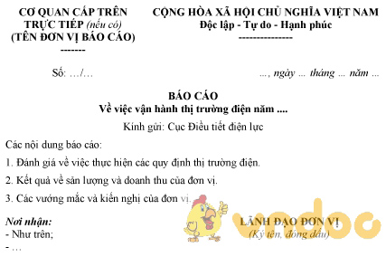 Mẫu báo cáo vận hành thị trường điện năm của Đơn vị phát điện trực tiếp giao dịch