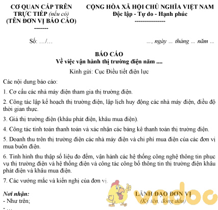 Mẫu báo cáo vận hành thị trường điện năm của Đơn vị vận hành hệ thống điện và thị trường điện