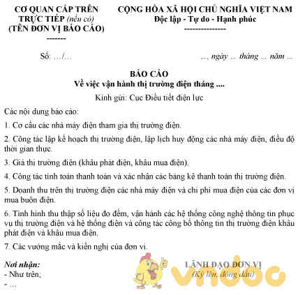 Mẫu báo cáo vận hành thị trường điện tháng của Đơn vị vận hành hệ thống điện và thị trường điện