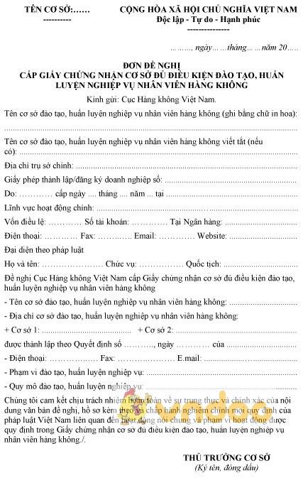 Mẫu đơn đề nghị cấp GCN cơ sở đủ điều kiện đào tạo, huấn luyện nghiệp vụ nhân viên hàng không