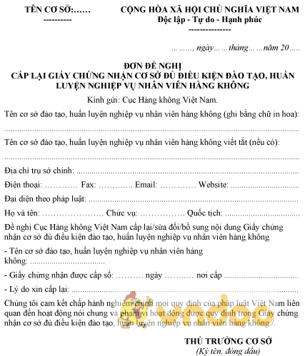 Mẫu đơn đề nghị cấp lại GCN cơ sở đủ điều kiện đào tạo, huấn luyện nghiệp vụ nhân viên hàng không