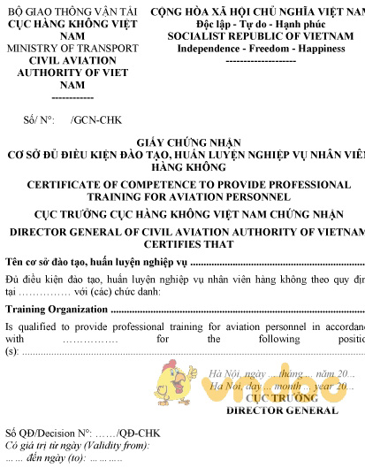 Mẫu giấy chứng nhận cơ sở đủ điều kiện đào tạo, huấn luyện nghiệp vụ nhân viên hàng không