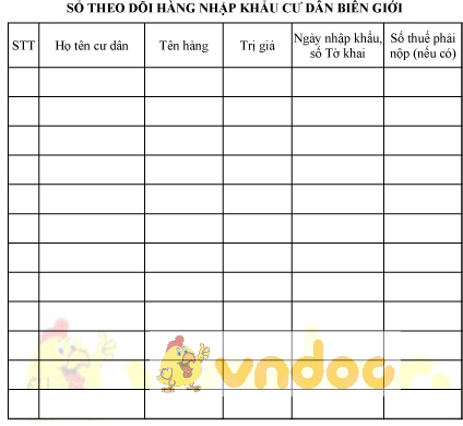 Mẫu sổ theo dõi hàng nhập khẩu cư dân biên giới
