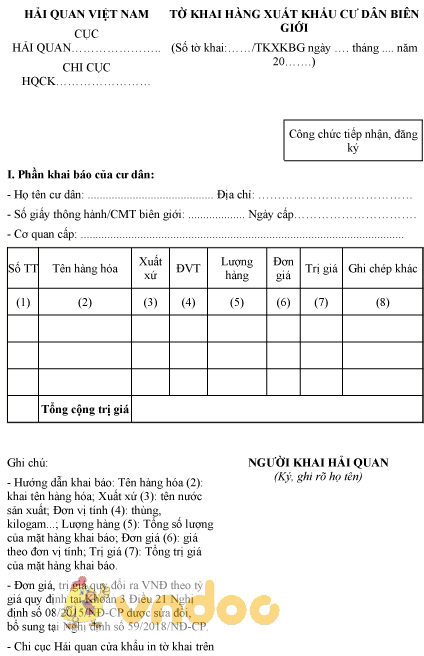 Mẫu tờ khai hàng xuất khẩu cư dân biên giới