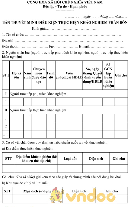 Mẫu bản thuyết minh điều kiện thực hiện khảo nghiệm phân bón