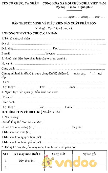 Mẫu bản thuyết minh về điều kiện sản xuất phân bón