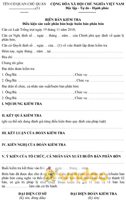 Mẫu biên bản kiểm tra điều kiện sản xuất phân bón hoặc buôn bán phân bón
