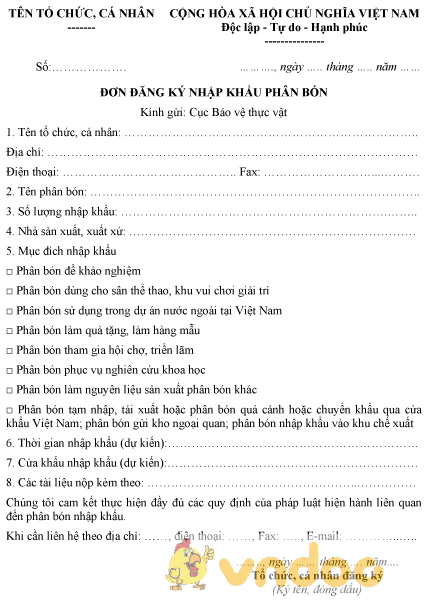 Mẫu đơn đăng ký nhập khẩu phân bón
