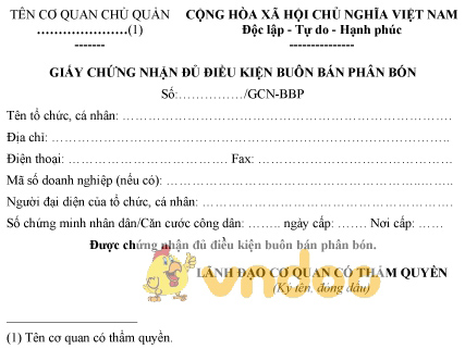 Mẫu giấy chứng nhận đủ điều kiện buôn bán phân bón