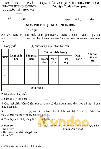 Mẫu giấy phép nhập khẩu phân bón