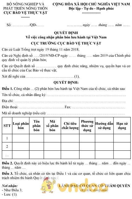 Mẫu quyết định về việc công nhận phân bón lưu hành tại Việt Nam