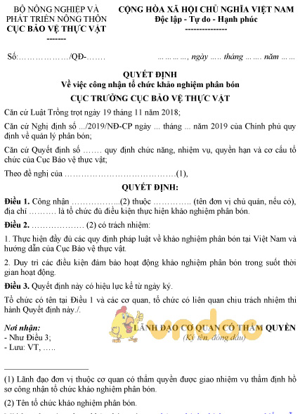 Mẫu quyết định về việc công nhận tổ chức khảo nghiệm phân bón